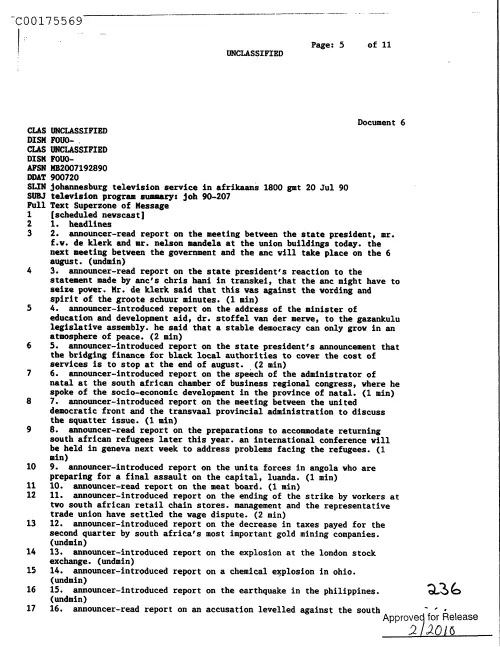 First page of CIAsX-Files-2015UFORelease - TELEVISION PROGRAM SUMMARY: JOH 90-207 DOC_0005517460