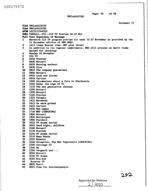 First page of CIAsX-Files-2015UFORelease - CIS TV PREVIEW 16-22 NOV DOC_0005517462