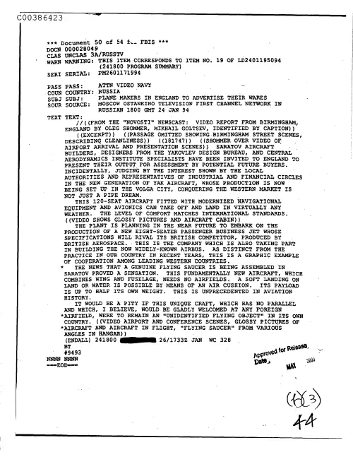 First page of CIAUFO - PlaneMakersInEnglandToAdvertiseTheirWaresDoc_0005517786