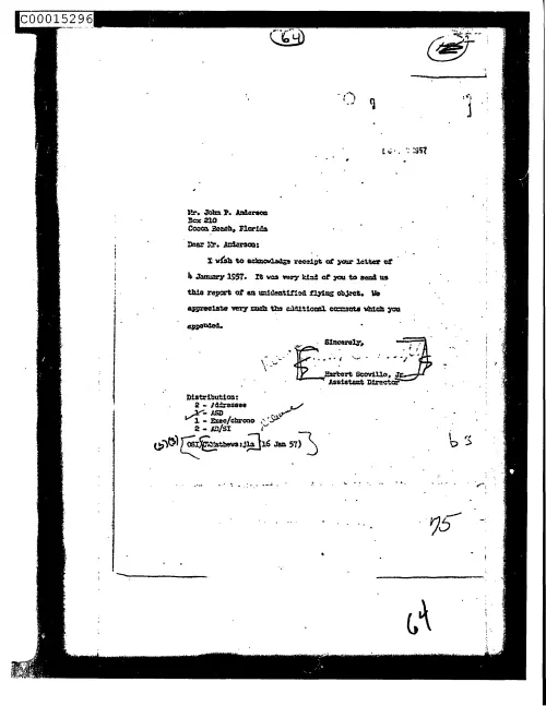 First page of CIAsX-Files-2015UFORelease - UNTITLED (TO JOHN ANDERSON FROM HERBERT SCOVILLE ACKNOWLEDGING RECEIPT OF LETTER REPORTING AN UFO)