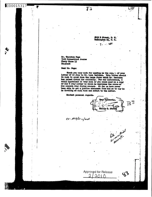 First page of CIAsX-Files-2015UFORelease - UNTITLED (TO THORNTON PAGE FROM PHILIP STRONG THANKING HIM FOR LETTER OF 10 JULY TO LEON DAVIDSON)