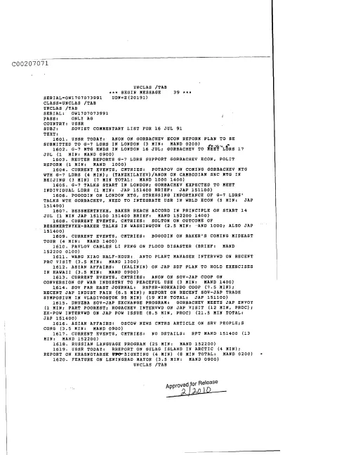 First page of CIAUFO - SovietCommentaryListFor16Jul1991Doc_0005517702
