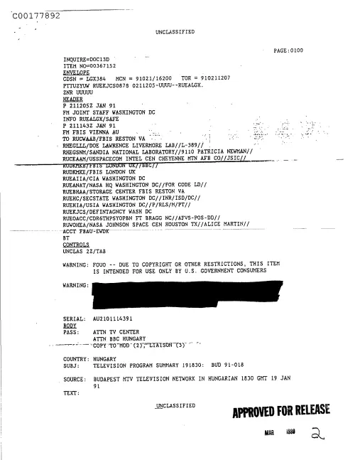 First page of CIAsX-Files-2015UFORelease - TELEVISION PROGRAM SUMMARY 191830: BUD 91-01801211991 DOC_0005527991