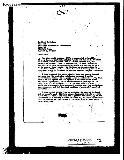 First page of CIAsX-Files-2015UFORelease - UNTITLED (TO LLOYD BERKNER FROM PHILIP STRONG REGARDING THE SCIENTIFIC ADVISORY PANEL CONSTITUTED 