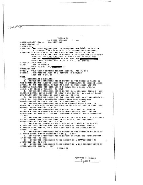 First page of CIAUFO - TelevisionProgramSummary091800Joh91-196Doc_0005517698