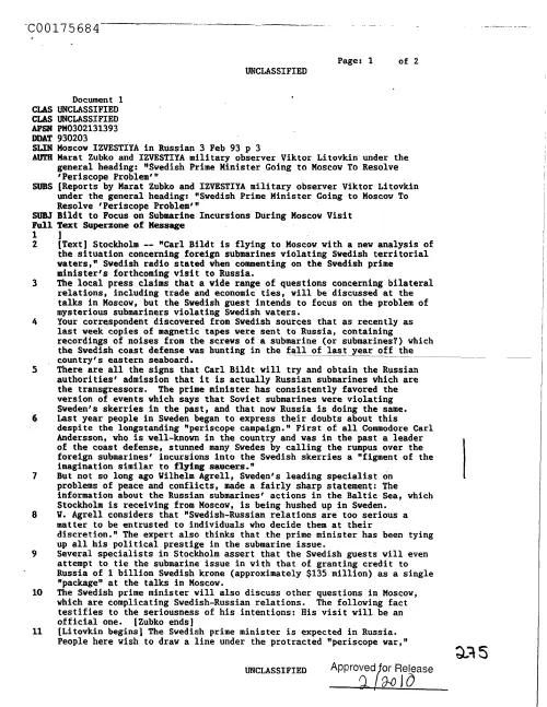First page of CIAUFO - BildtToFocusOnSubmarineIncursionsDuringMoscowVisitDoc_0005517522