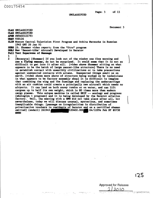 First page of CIAsX-Files-2015UFORelease - NEW 'SAUCER-LIKE' AIRCRAFT DEVELOPED IN SARATOV DOC_0005516713