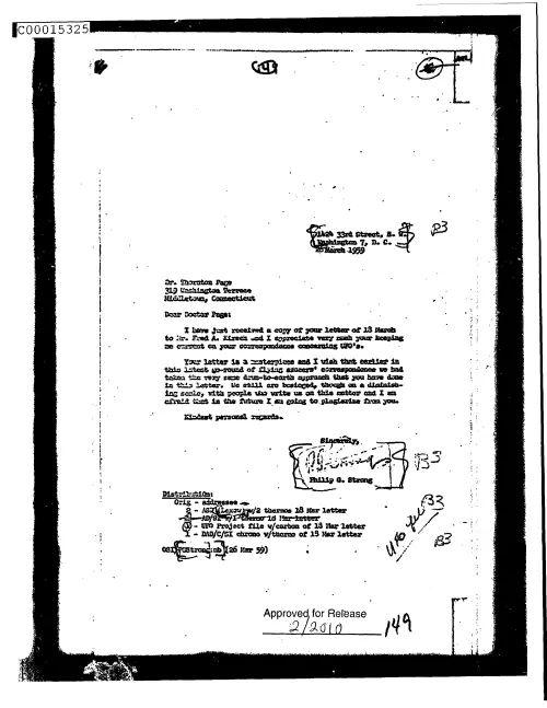 First page of CIAsX-Files-2015UFORelease - UNTITLED (TO THORNTON PAGE FROM PHILIP STRONG ACKNOWLEDGING HIS LETTER OF 18 MARCH TO FRED KIRSCH)