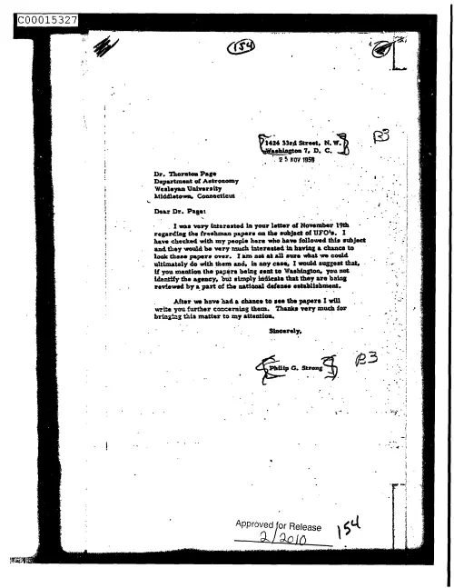 First page of CIAUFO - UntitledtoThorntonPageFromPhilipStrongDiscussingFreshmanPapersOnTheSubjectOfUfosDoc_0005515871