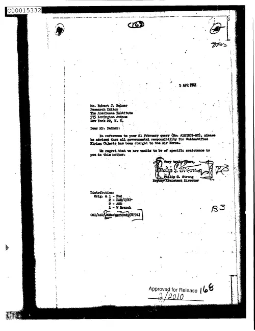 First page of CIAUFO - UntitledtoRobertPalmerFromPhilipStrongAcknowledging21FebruaryInquiryDoc_0005515876