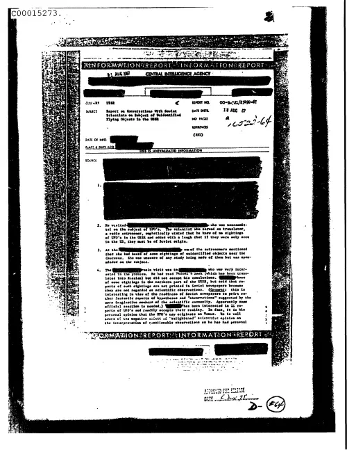 First page of CIAsX-Files-2015UFORelease - REPORT ON CONVERSATIONS WITH SOVIET SCIENTISTS ON SUBJECT OF UNIDENTIFIED FLYING OBJECTS IN THE US