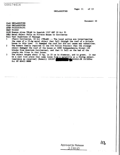 First page of CIAsX-Files-2015UFORelease - METAL OBJECT FALLS ON PRIVATE HOUSE IN CORRIENTES DOC_0005516593