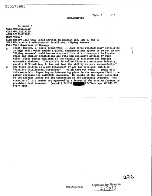 First page of CIAUFO - MinistersPredictionsOnSatellitesflyingSaucersDoc_0005517523