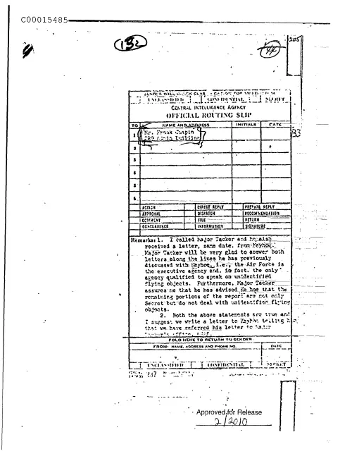 First page of CIAUFO - UntitledroutingSlipWithLetterAttachedFromDonaldKeyhoeDoc_0005516198