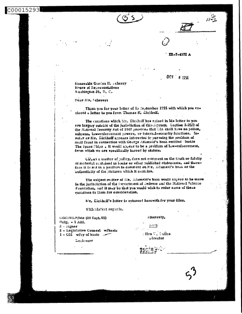 First page of CIAsX-Files-2015UFORelease - UNTITLED (TO GORDON H. SCHERER FROM ALLEN DULLES DISCUSSING THOMAS EICKHOFFS LETTER REGARDING GEOR