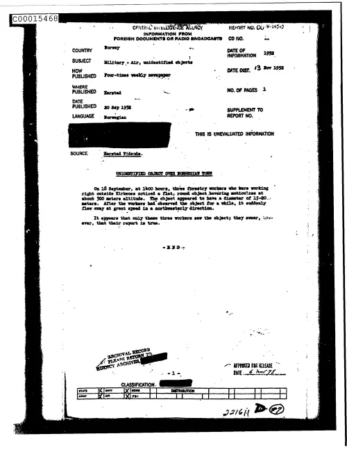 First page of CIAUFO - UnidentifiedObjectOverNorwegianTownDoc_0005516154