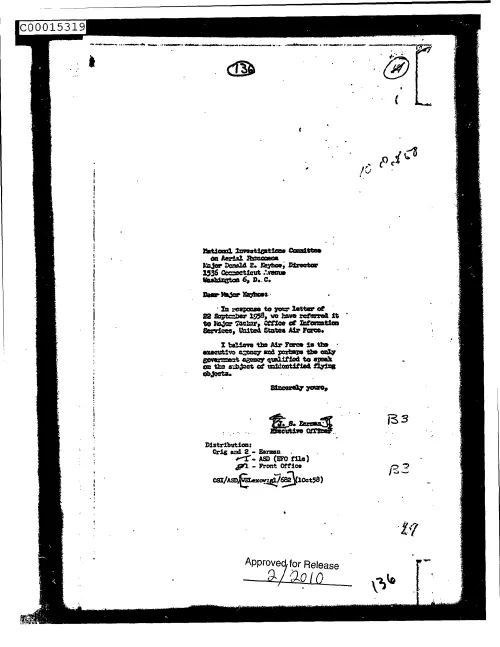 First page of CIAUFO - UntitledtoDonaldKeyhoeFromJ.s.HarmanAcknowledgingHisLetterOf22September1958Doc_0005515823