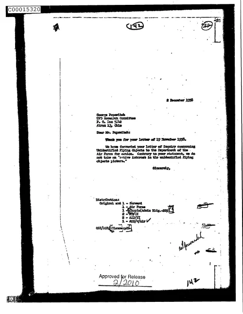 First page of CIAUFO - UntitledtoGeorgePopowitchFromunknownAcknowledgingHisLetterOf19November1958Doc_0005515824