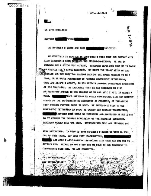First page of CIAUFO - UntitledcontactWithLeonDavidsonWasPerson-to-personHeIsDoingAnArticleForASpaceMagazineAndWantsTranslationOfTheMessageAn
