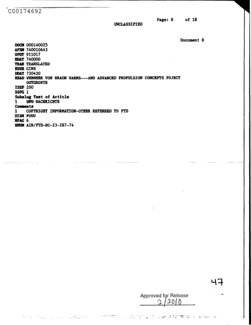 First page of CIAUFO - WernherVonBraunWarns---andAdvancedPropulsionConceptsProjectOutgrowthDoc_0005516648