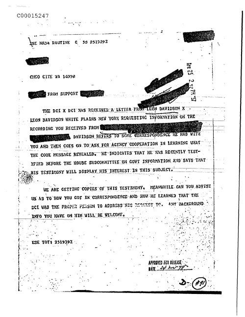 First page of CIAUFO - UntitleddciHasReceivedALetterFromLeonDavidsonRequestingInformationOnTheRecordingYouReceivedDoc_0005515654