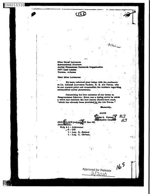 First page of CIAUFO - UntitledtoCoralLorensonFromJohnWarnerReferringYourLetterToTheAirForceDoc_0005515874