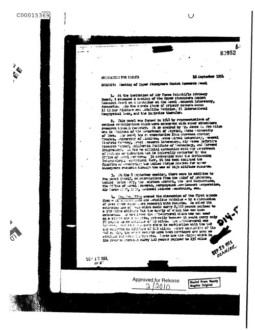First page of CIAUFO - MeetingOfUpperAtmosphereRocketResearchPanelDoc_0005515983