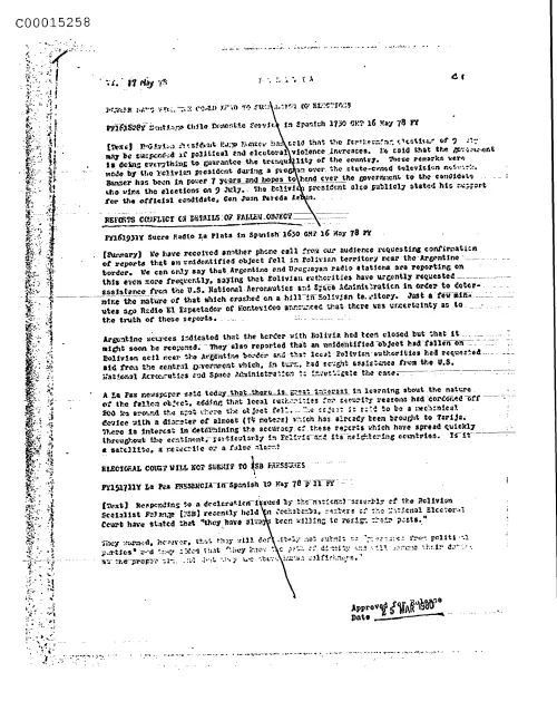 First page of CIAUFO - BoliviaReportsConflictOnDetailsOfFallenObjectDoc_0005515665