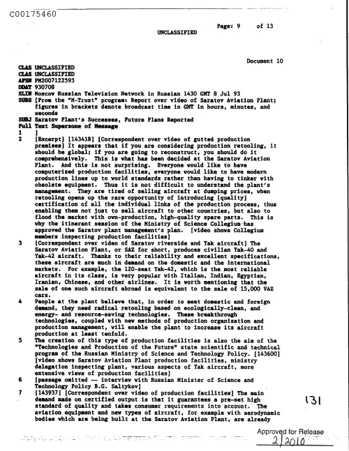 First page of CIAUFO - SaratovPlantsSuccessesFuturePlansReportedDoc_0005516716