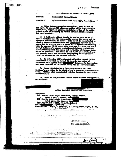 First page of CIAUFO - UnidentifiedFlyingObjectsdiscussesMajorKeyhoesQuestionsConcerningAllegedEffortsByCiaAgentsToPreventUfoWitnessMakingPub