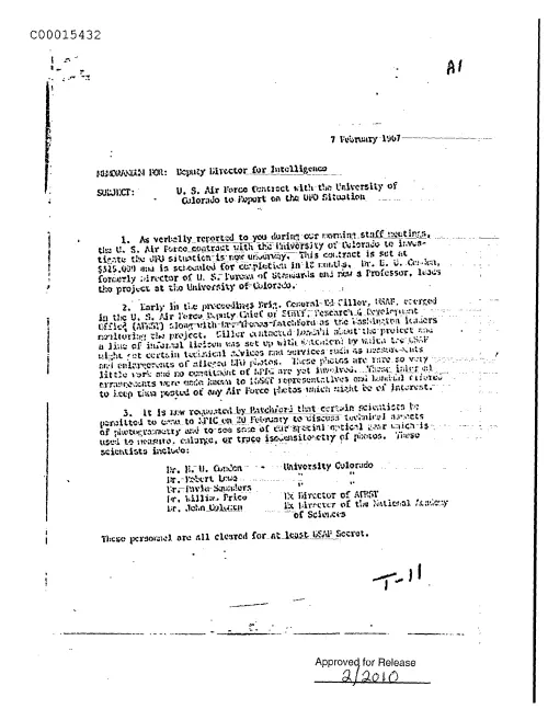First page of CIAsX-Files-2015UFORelease - U.S. AIR FORCE CONTRACT WITH THE UNIVERSITY OF COLORADO TO REPORT ON THE UFO SITUATION DOC_0005516