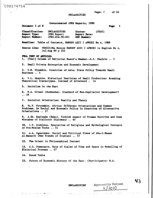 First page of CIAUFO - TableOfContentsNarodyAziiIAfrikiNo41989Doc_0005516673