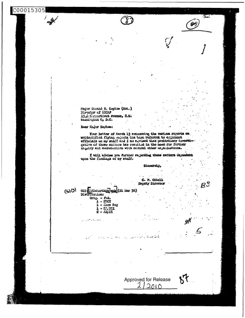 First page of CIAUFO - UntitledtoDonaldKeyhoeFromC.p.CabellAcknowledgingHisLetterOfMarch13ConcerningTheVariousReportsOnUfosDoc_0005515777