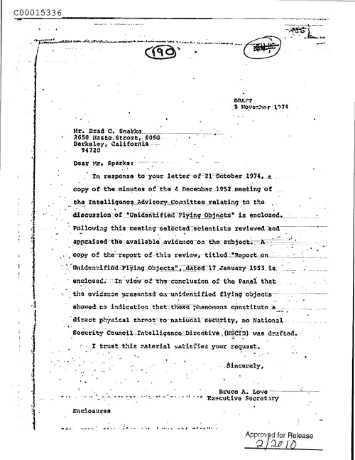 First page of CIAsX-Files-2015UFORelease - UNTITLED (TO SPARKS FROM LOWE RESPONDING TO LETTER OF 21 OCTOBER 1974) DOC_0005515930