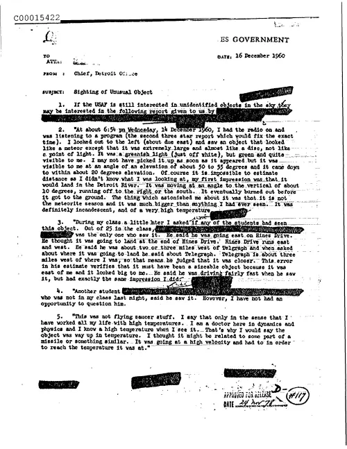 First page of CIAsX-Files-2015UFORelease - SIGHTING OF UNUSUAL OBJECT DOC_0005516056