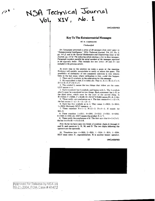 First page of NSAUFO - NsaTechnicalJournalVol.XivNo.1KeyToTheExtraterrestrialMessages