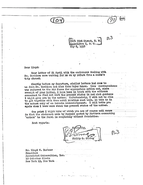 First page of CIAUFO - TO LLOYD BERKNER FROM PHILIP STRONG DISCUSSING HIS LETTER OF 21 APRIL