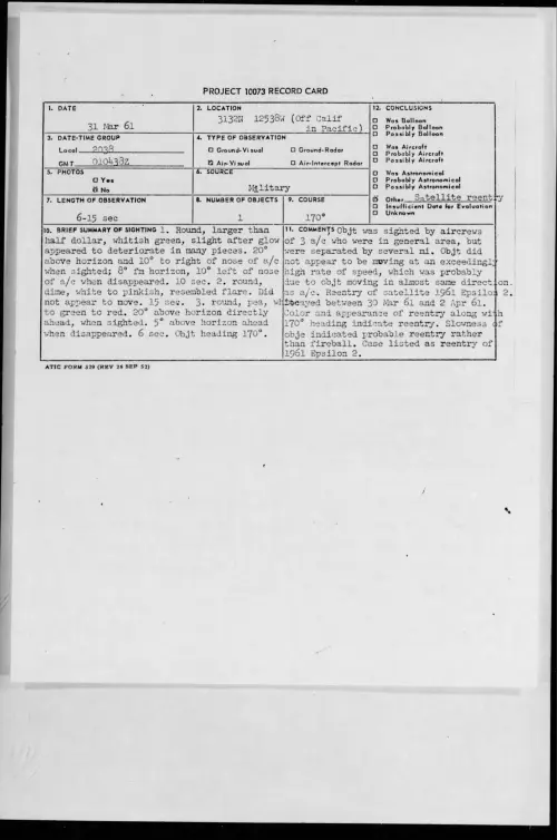 First page of 1961.03 - 8674163 - 3132N 12538W (Off Calif in Pacific)