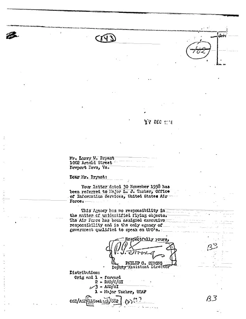 First page of CIAUFO - TO LARRY BRYANT FROM PHILIP STRONG ACKNOWLEDGING HIS LETTER