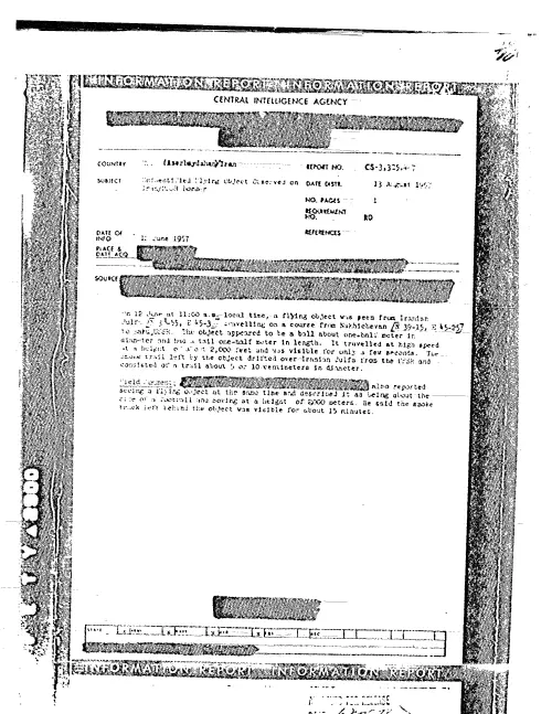 First page of CIAUFO - UNIDENTIFIED FLYING OBJECT OBSERVED ON IRAN:USSR BORDER