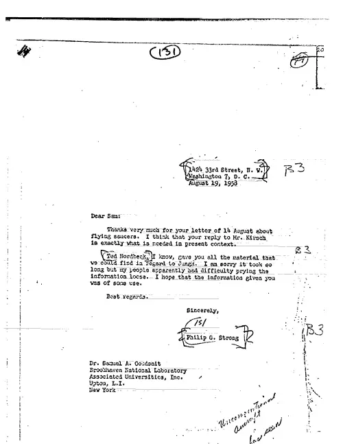 First page of CIAUFO - TO SAM GOUDSMIT FROM PHILIP STRONG ACKNOWLEDGING HIS LETTER