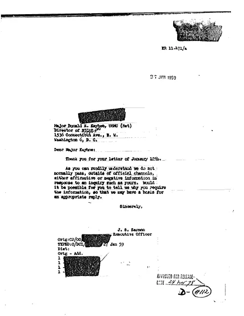 First page of CIAUFO - TO DONALD KEYHOE FROM J. S. HARMAN ON HIS INQUIRY