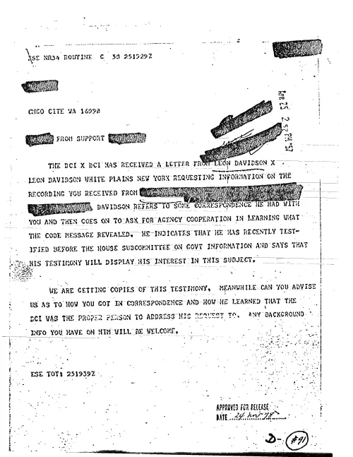 First page of CIAUFO - UNTITLED (DCI HAS RECEIVED A LETTER FROM LEON DAVIDSON REQUESTING INFORMATION