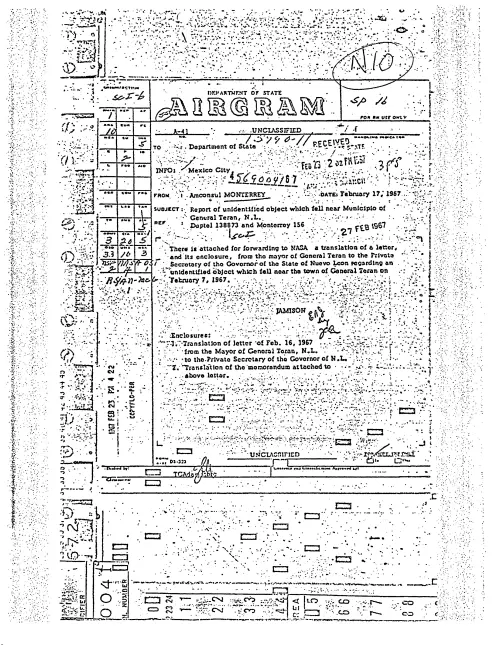 First page of NSAUFO - DOS Airgram UFO Fell Teran