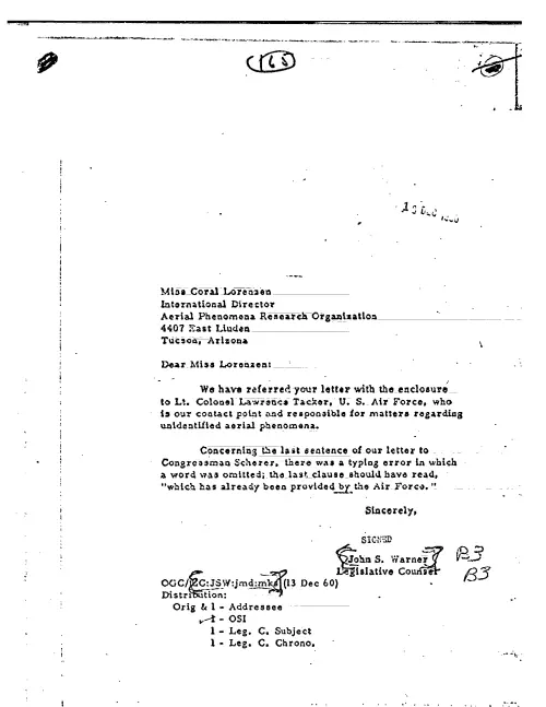 First page of CIAUFO - TO CORAL LORENSON FROM JOHN WARNER REFERRING YOUR LETTER TO THE AIR
