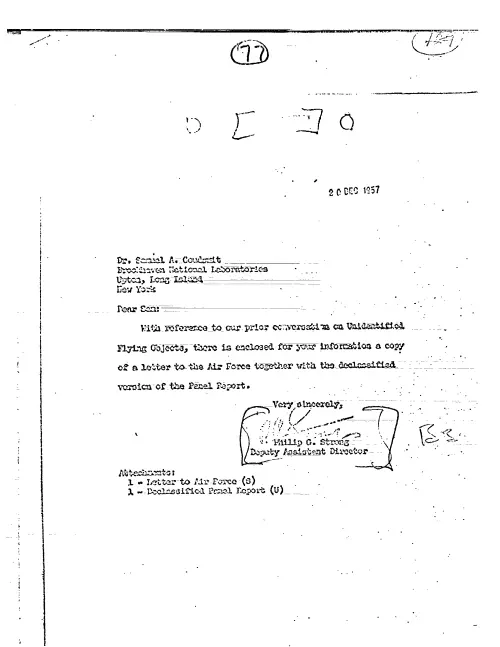 First page of CIAUFO - TO SAMUEL GOUDSMIT FROM PHILIP STRONG ENCLOSING COPY OF A LETTER
