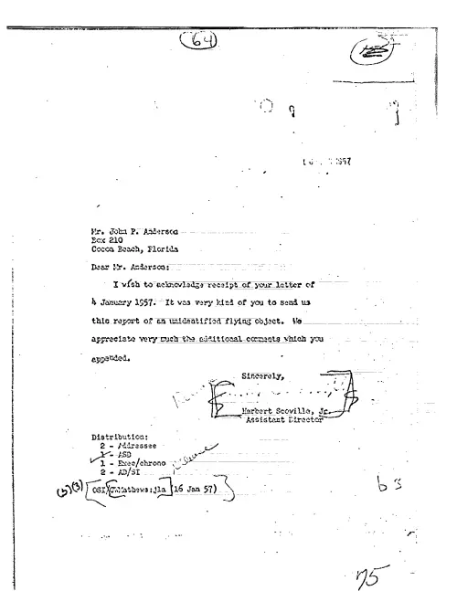 First page of CIAUFO - UNTITLED (TO JOHN ANDERSON FROM HERBERT SCOVILLE ACKNOWLEDGING RECEIPT OF LETTER