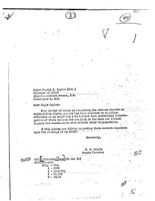 First page of CIAUFO - UNTITLED (TO DONALD KEYHOE FROM C P CABELL ACKNOWLEDGING HIS LETTER OF MARCH 1