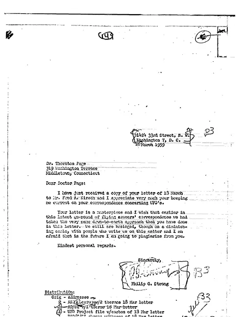 First page of CIAUFO - TO THORNTON PAGE FROM PHILIP STRONG ACKNOWLEDGING HIS LETTER