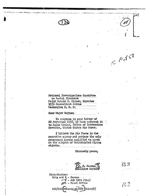 First page of CIAUFO - TO DONALD KEYHOE FROM J S HARMAN ACKNOWLEDGING HIS LETTER OF 22 SEPTEMBER